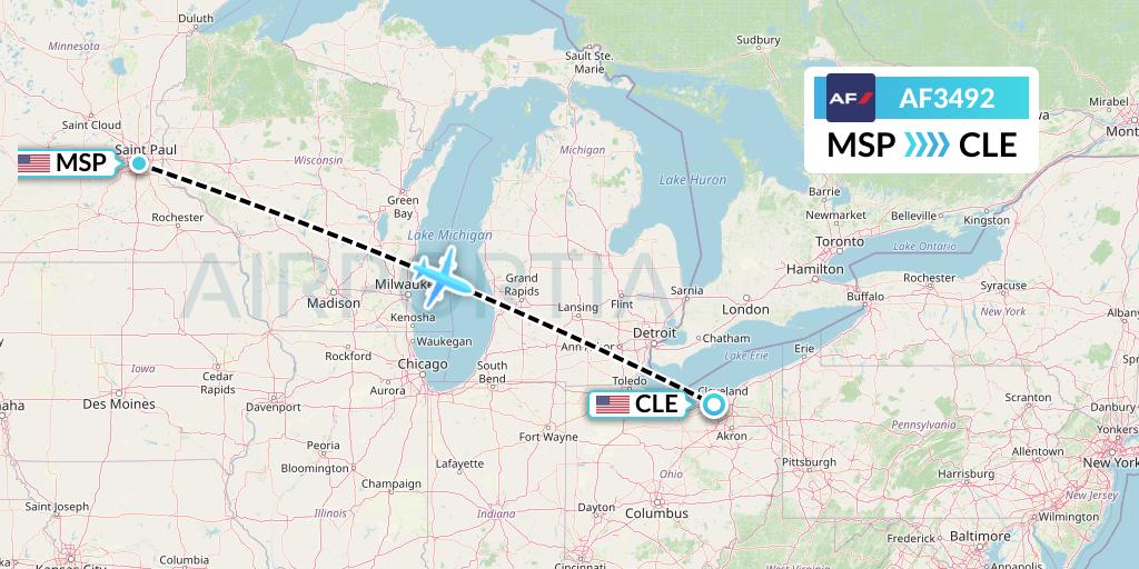 AF3492 Air France Flight Map: Minneapolis to Cleveland