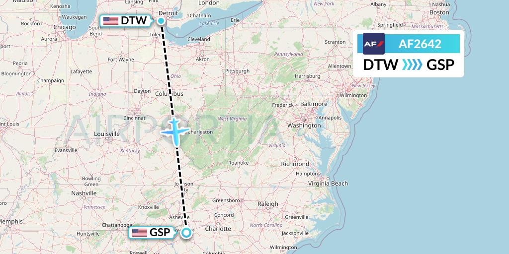 AF2642 Air France Flight Map: Detroit to Greenville-Spartanburg