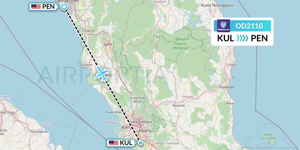 OD2110 Batik Air Malaysia Flight Map: Kuala Lumpur to Penang