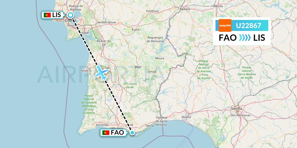 U22867 EasyJet Flight Map: Faro to Lisbon