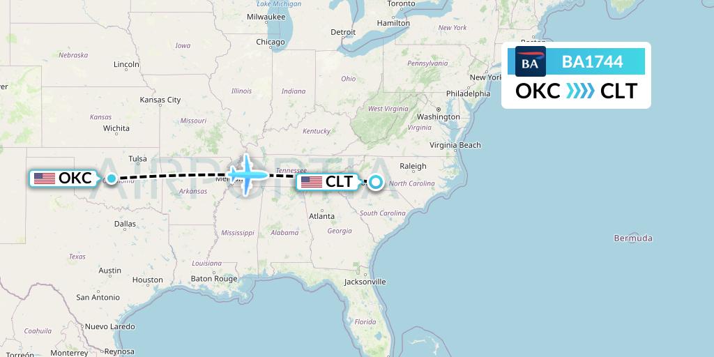 BA1744 British Airways Flight Map: Oklahoma City to Charlotte