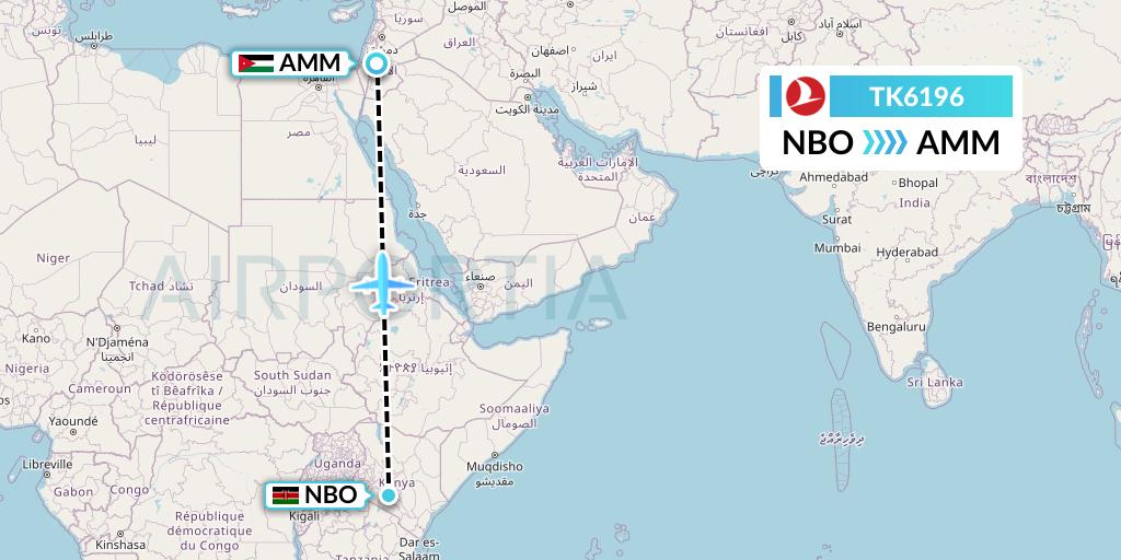 TK6196 Turkish Airlines Flight Map: Nairobi to Amman