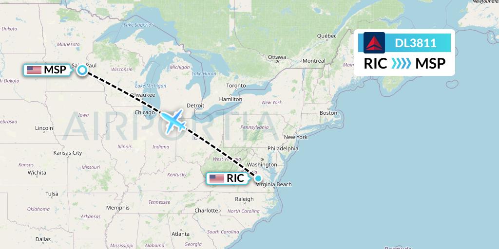 DL3811 Delta Air Lines Flight Map: Richmond to Minneapolis