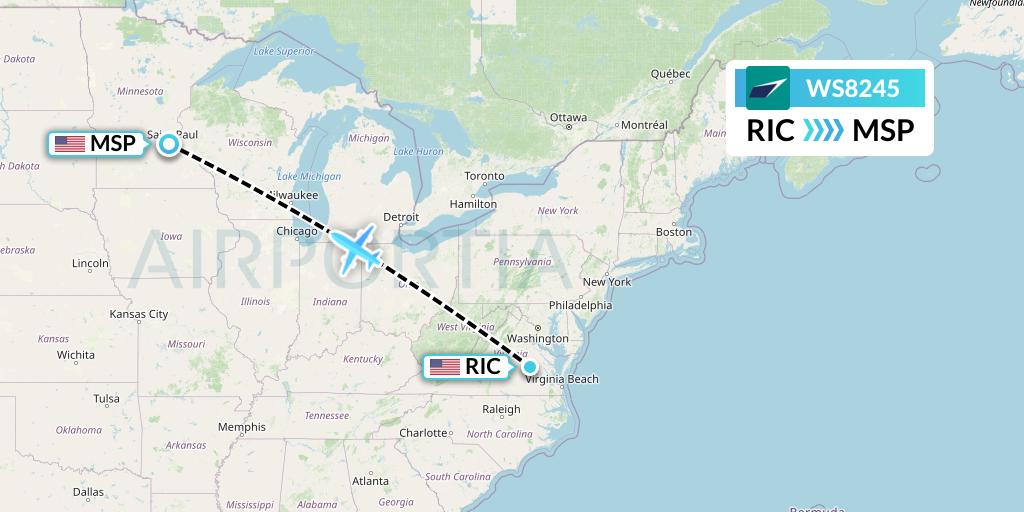 WS8245 WestJet Flight Map: Richmond to Minneapolis