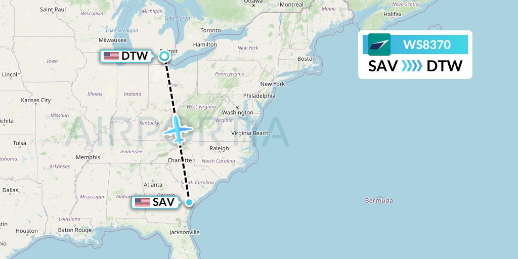 WS8370 WestJet Flight Map: Savannah to Detroit