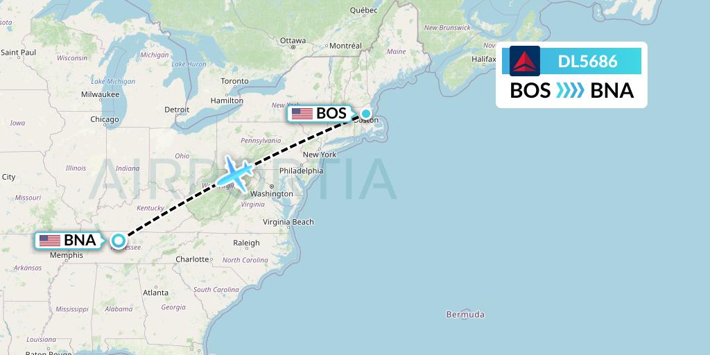 DL5686 Delta Air Lines Flight Map: Boston to Nashville