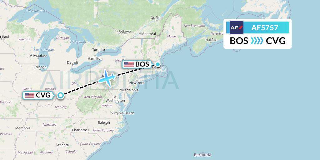 AF5757 Air France Flight Map: Boston to Cincinnati