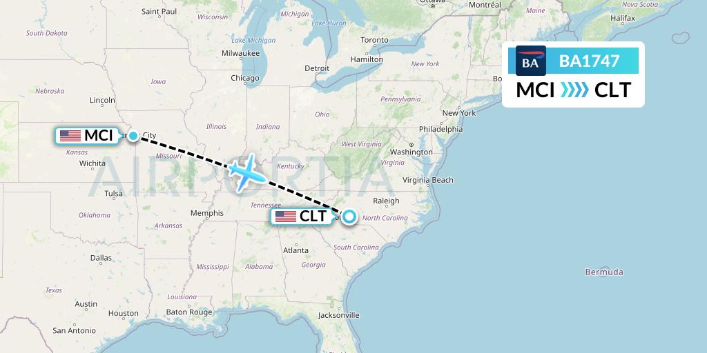 BA1747 British Airways Flight Map: Kansas City to Charlotte