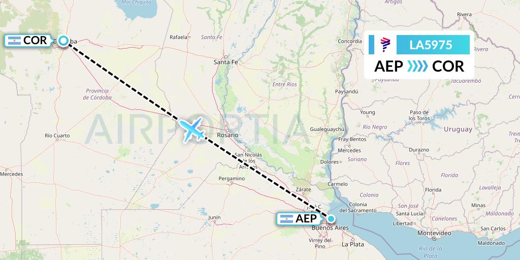 LA5975 LAN Airlines Flight Map: Buenos Aires to Cordoba