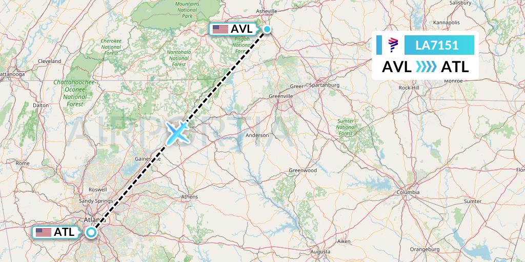LA7151 LAN Airlines Flight Map: Asheville to Atlanta