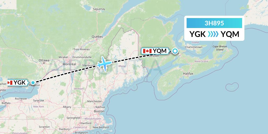3H895 Air Inuit Flight Map: Kingston to Moncton