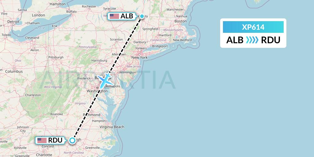 XP614 Avelo Airlines Flight Map: Albany to Raleigh-Durham