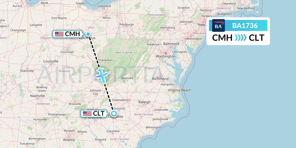 BA1736 British Airways Flight Map: Columbus to Charlotte