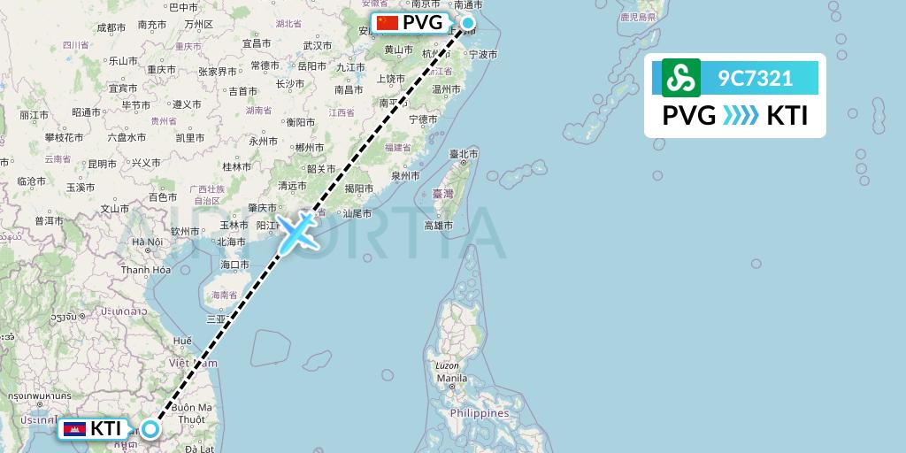 9C7321 Spring Airlines Flight Map: Shanghai to Kratie