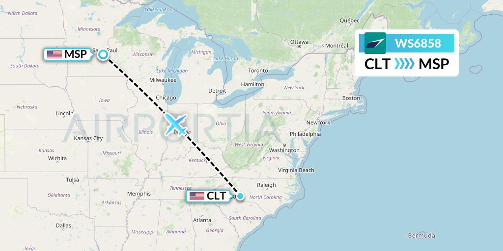 WS6858 WestJet Flight Map: Charlotte to Minneapolis
