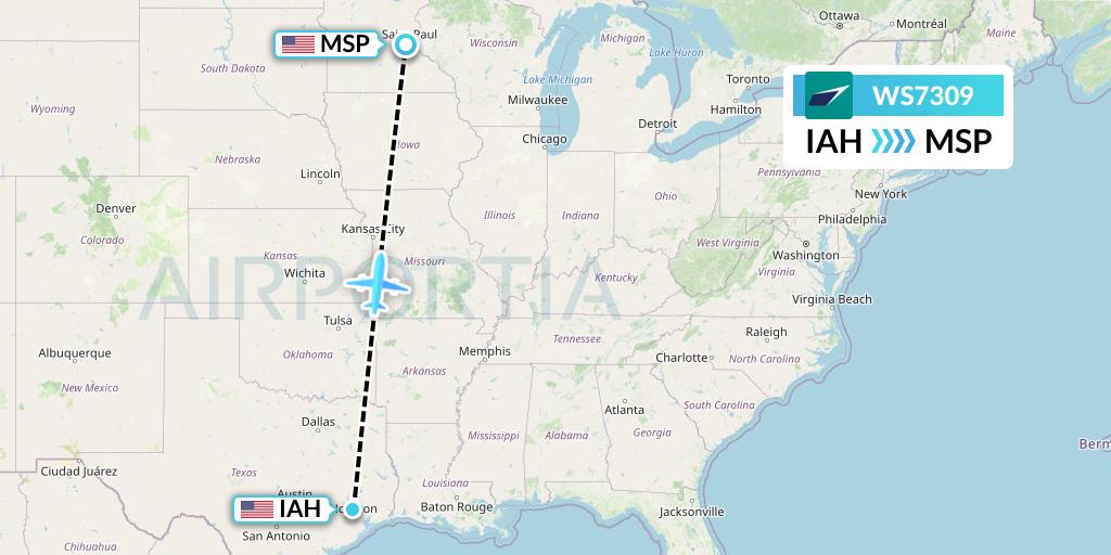 WS7309 WestJet Flight Map: Houston to Minneapolis