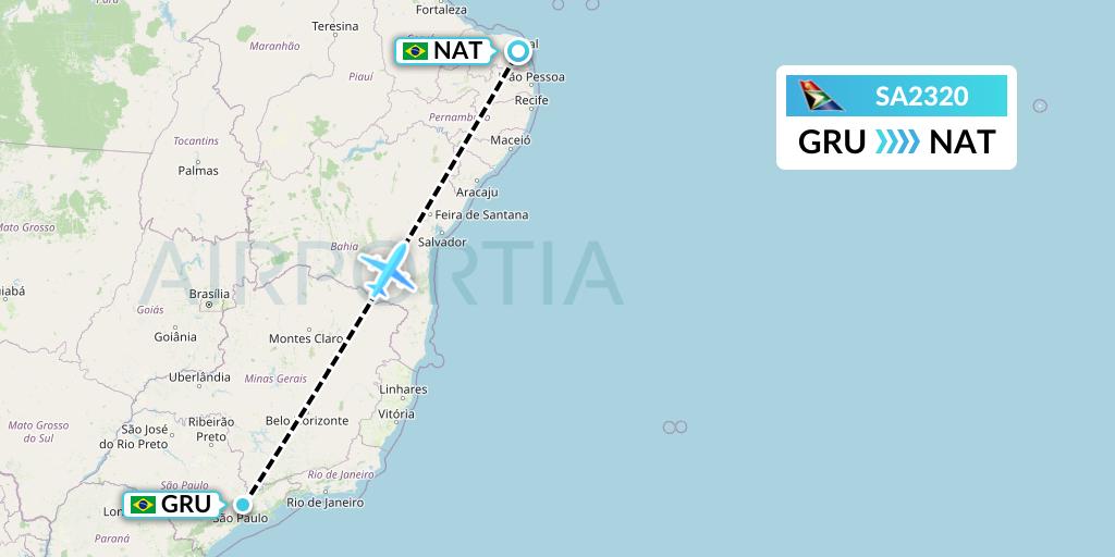 SA2320 South African Airways Flight Map: Sao Paulo to Natal