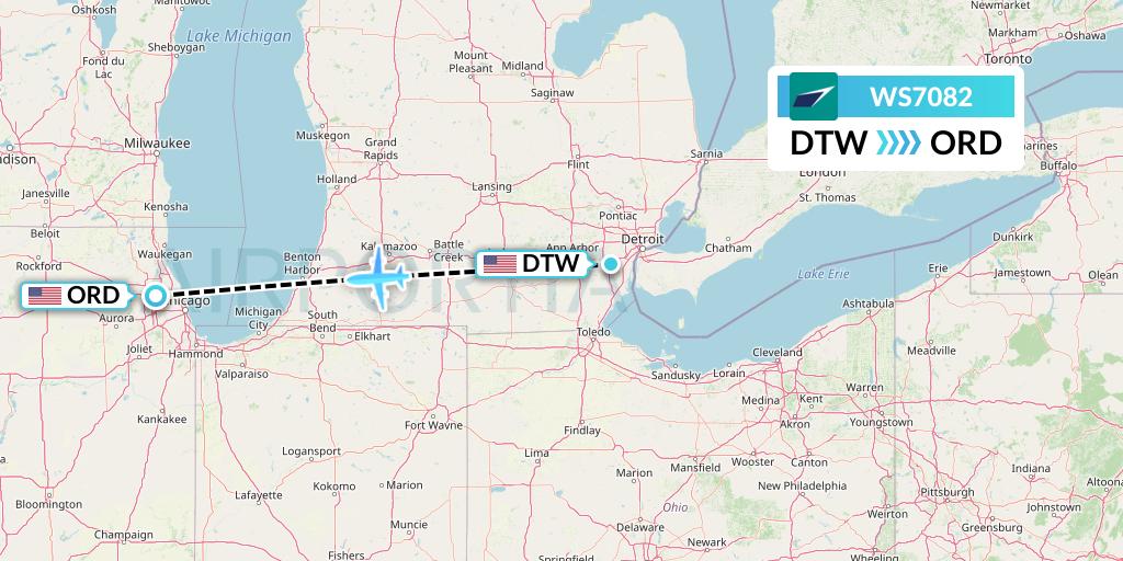 WS7082 WestJet Flight Map: Detroit to Chicago
