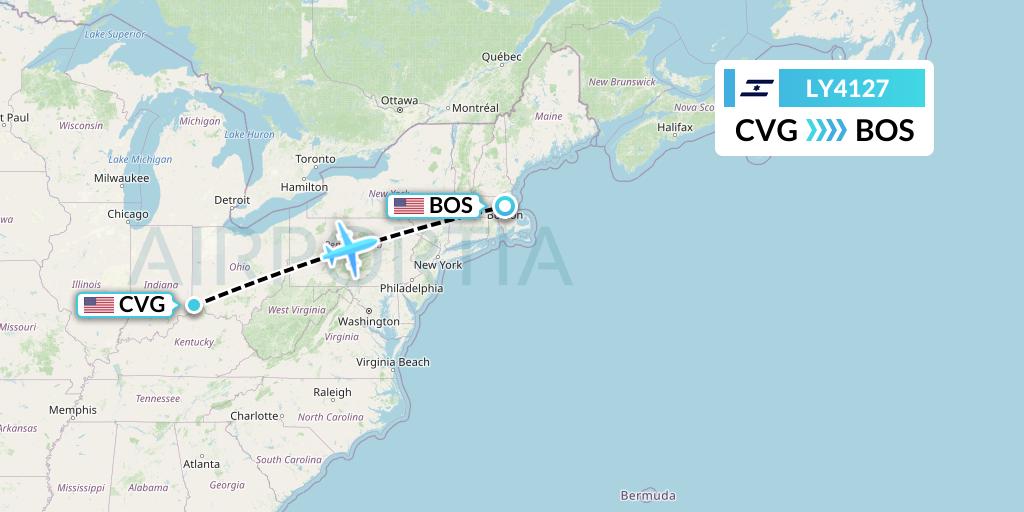 LY4127 El Al Flight Map: Cincinnati to Boston