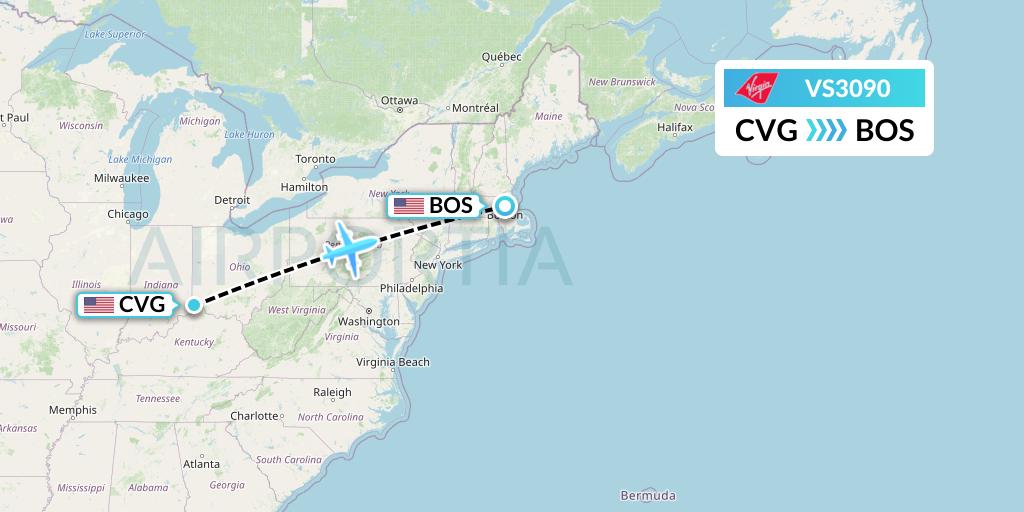 VS3090 Virgin Atlantic Airways Flight Map: Cincinnati to Boston