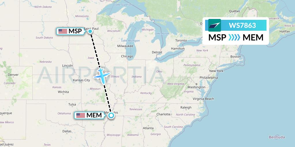 WS7863 WestJet Flight Map: Minneapolis to Memphis