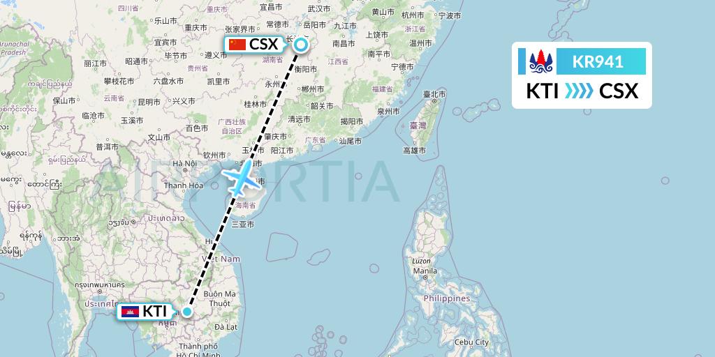 KR941 Cambodia Airways Flight Map: Kratie to Changsha