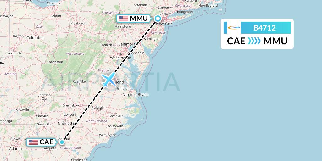 B4712 Zanair Flight Map: Columbia to Morristown