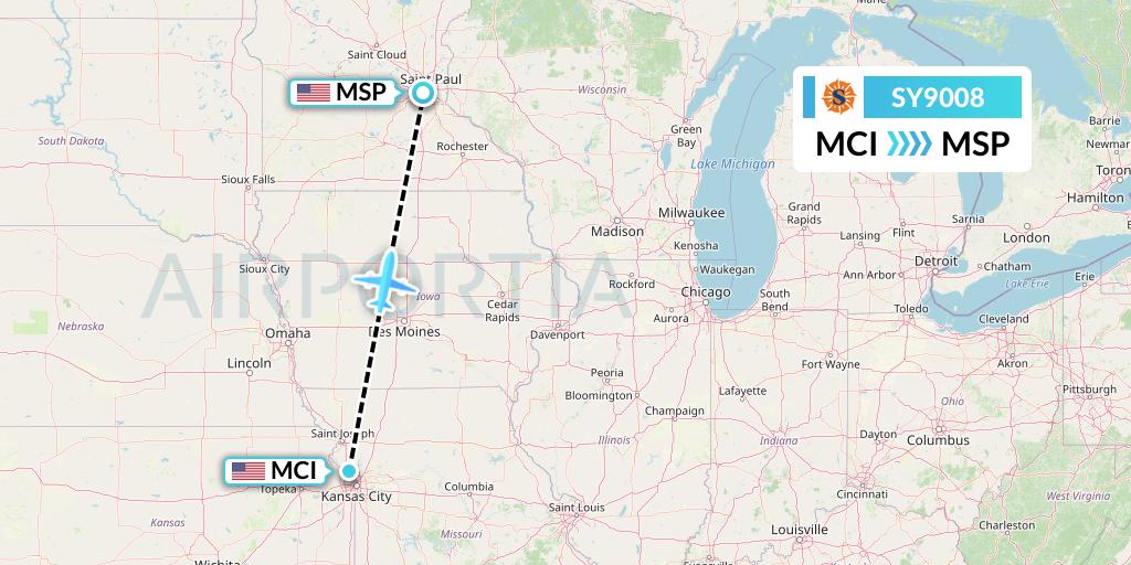 SY9008 Sun Country Airlines Flight Map: Kansas City to Minneapolis