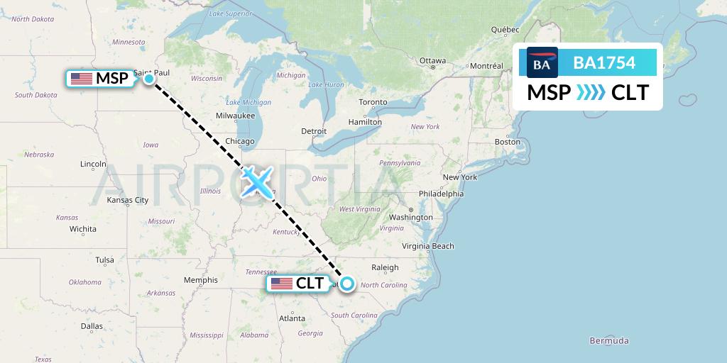 BA1754 British Airways Flight Map: Minneapolis to Charlotte