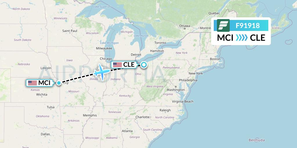 F91918 Frontier Airlines Flight Map: Kansas City to Cleveland