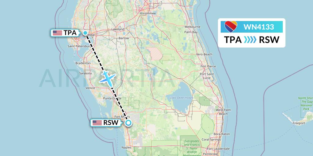 WN4133 Southwest Airlines Flight Map: Tampa to Fort Myers