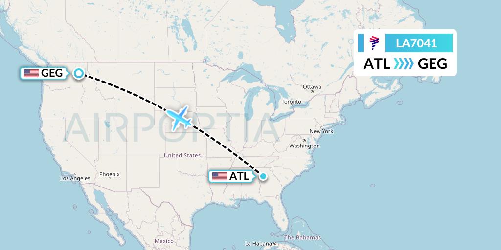 LA7041 LAN Airlines Flight Map: Atlanta to Spokane