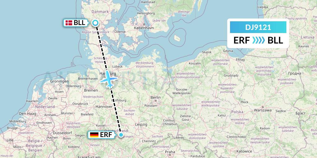 DJ9121 Air Djibouti Flight Map: Erfurt to Billund