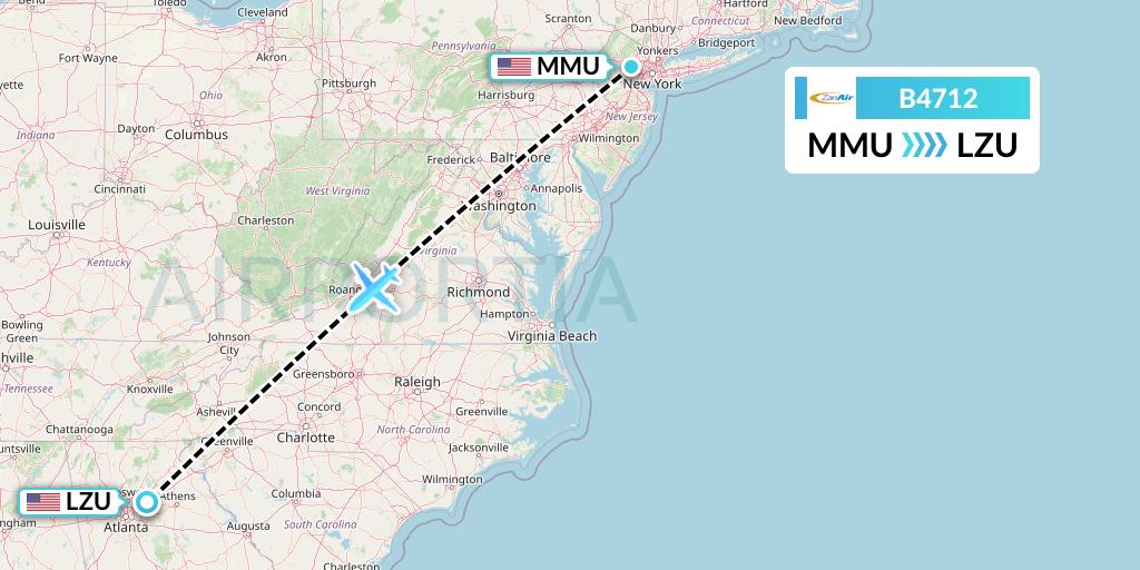 B4712 Zanair Flight Map: Morristown to Lawrenceville