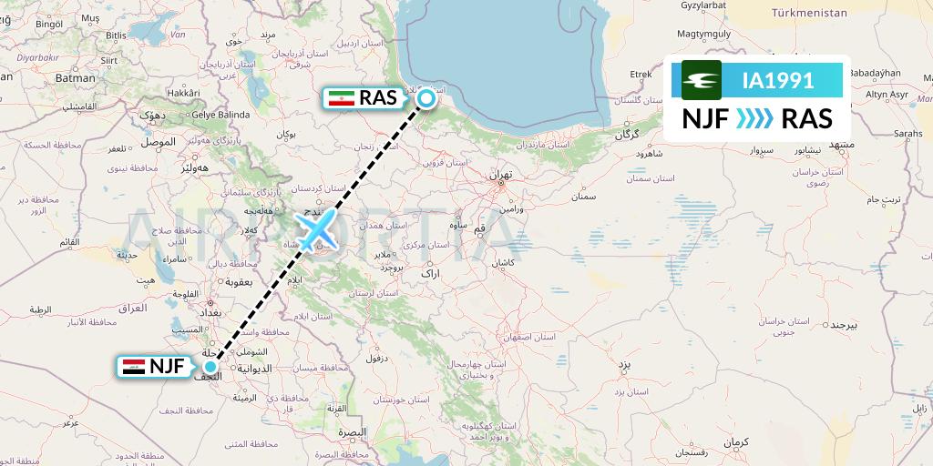 IA1991 Iraqi Airways Flight Map: Najaf to Rasht