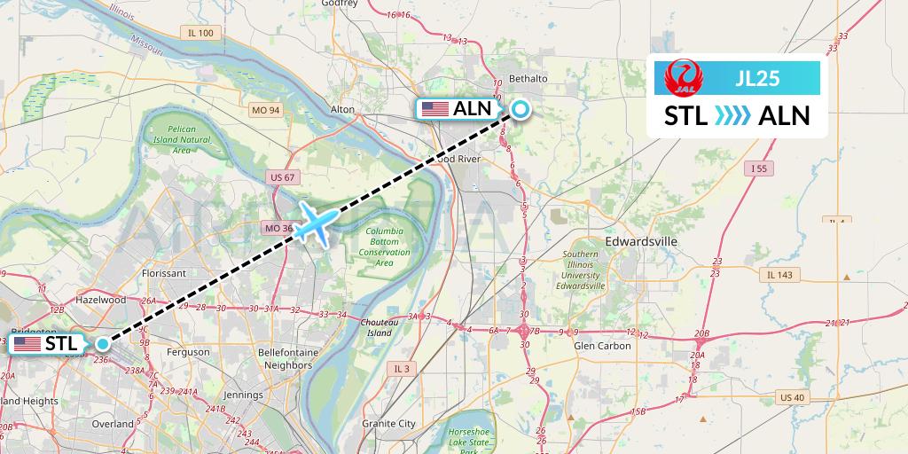 JL25 Japan Airlines Flight Map: St. Louis to Alton-St Louis
