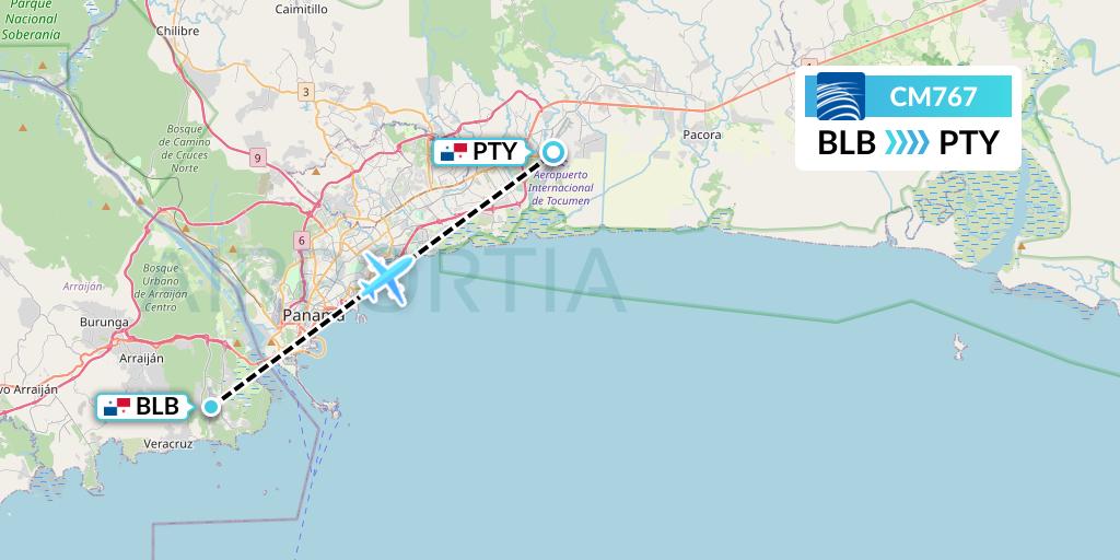 CM767 Copa Airlines Flight Map: Balboa to Panama City