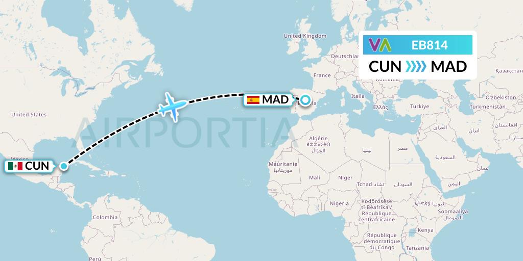 EB814 Wamos Air Flight Map: Cancun to Madrid