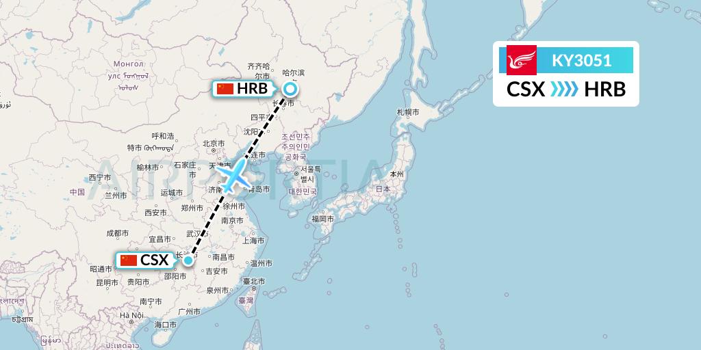 KY3051 Kunming Airlines Flight Map: Changsha to Harbin