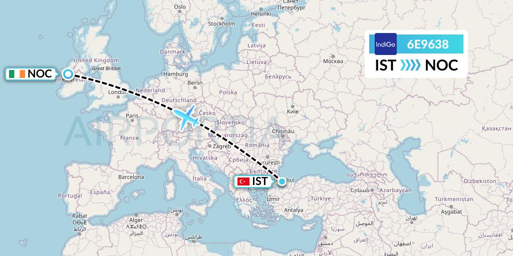 6E9638 IndiGo Airlines Flight Map: Istanbul to Knock