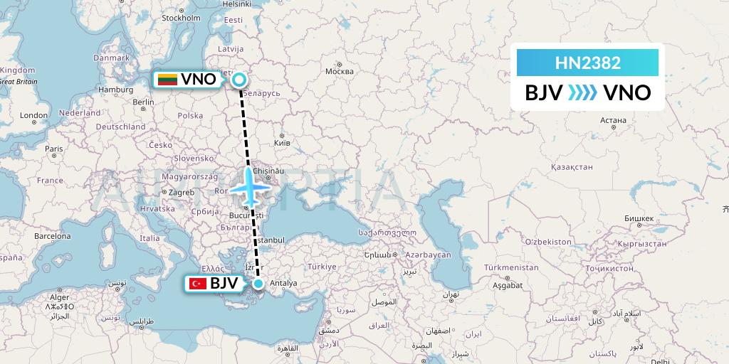 HN2382 Uab Heston Airlines Jsc Heston Airl Flight Map: Bodrum to Vilnius