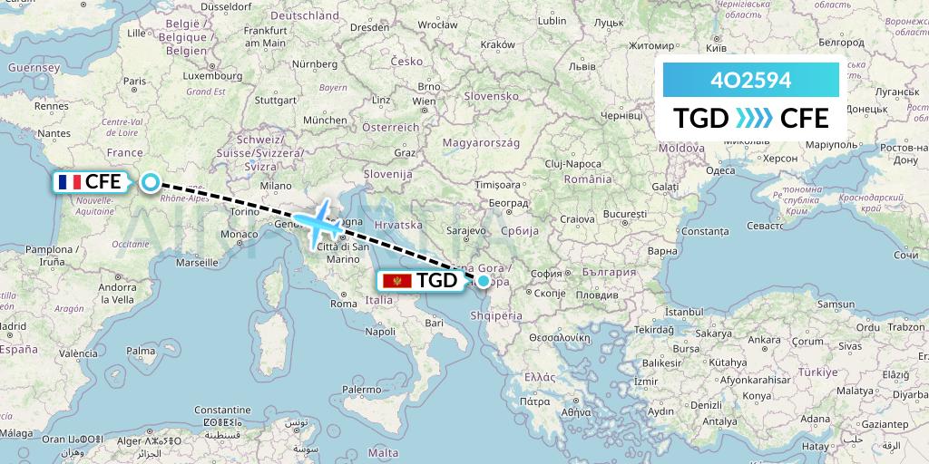 4O2594 Air Montenegro Flight Map: Podgorica to Clermont-Ferrand