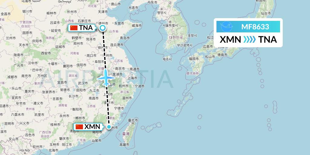 MF8633 Xiamen Airlines Flight Map: Xiamen to Jinan