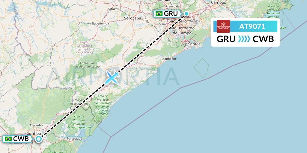 AT9071 Royal Air Maroc Flight Map: Sao Paulo to Curitiba