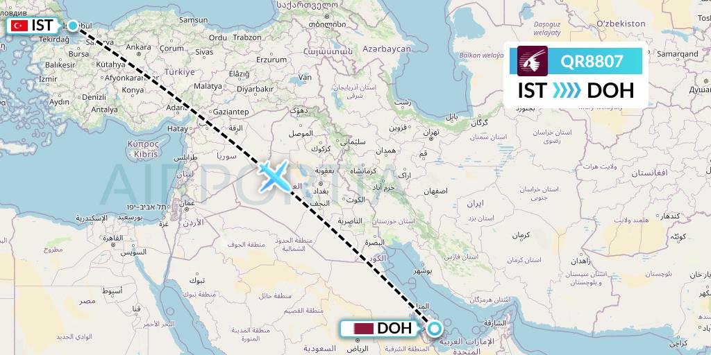 QR8807 Qatar Airways Flight Map: Istanbul to Doha