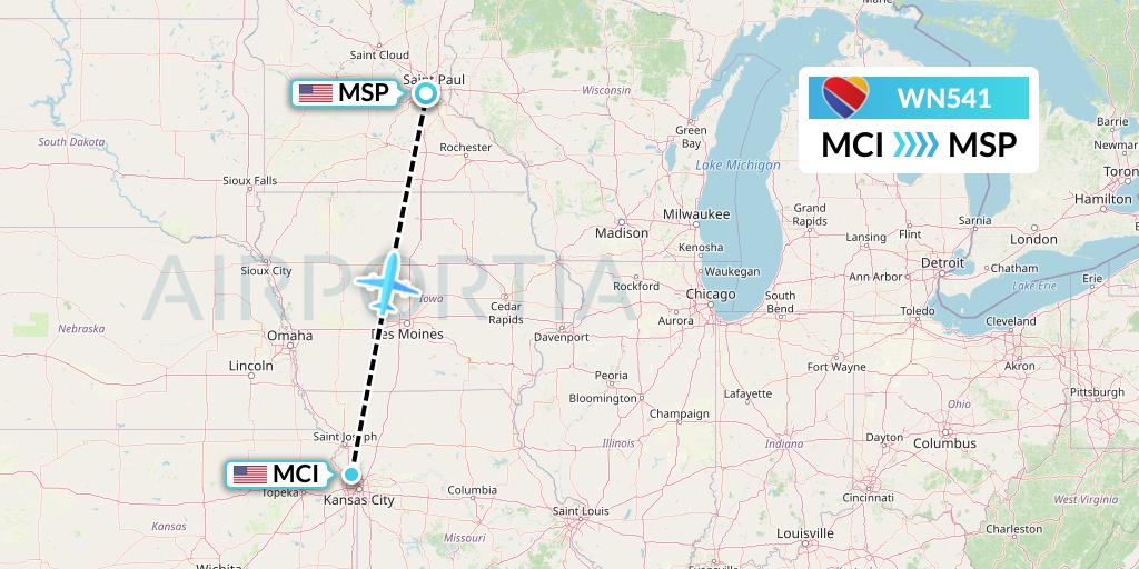 WN541 Southwest Airlines Flight Map: Kansas City to Minneapolis