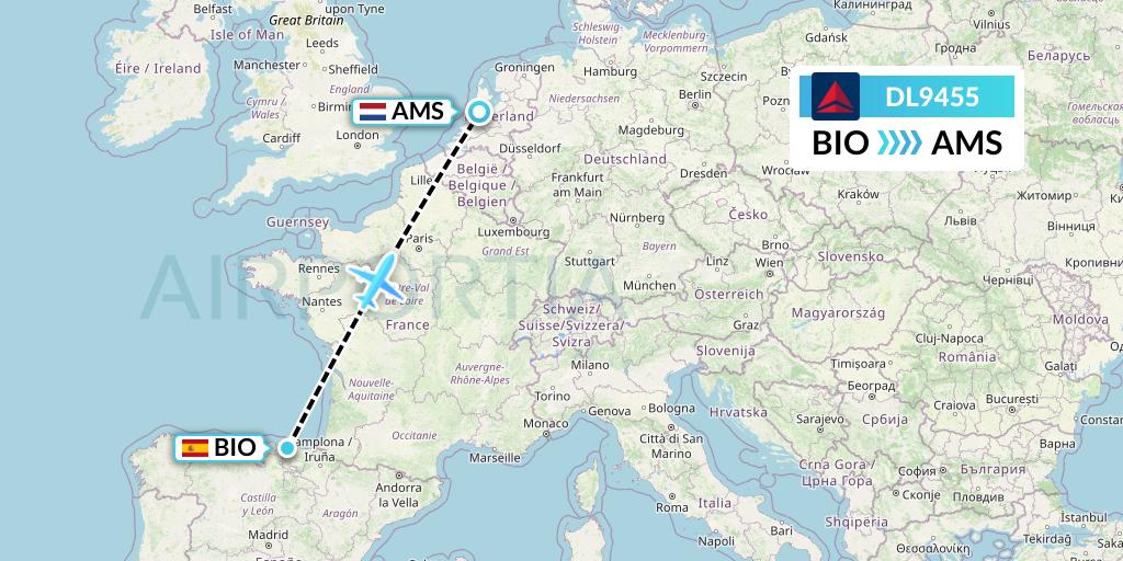 DL9455 Delta Air Lines Flight Map: Bilbao to Amsterdam