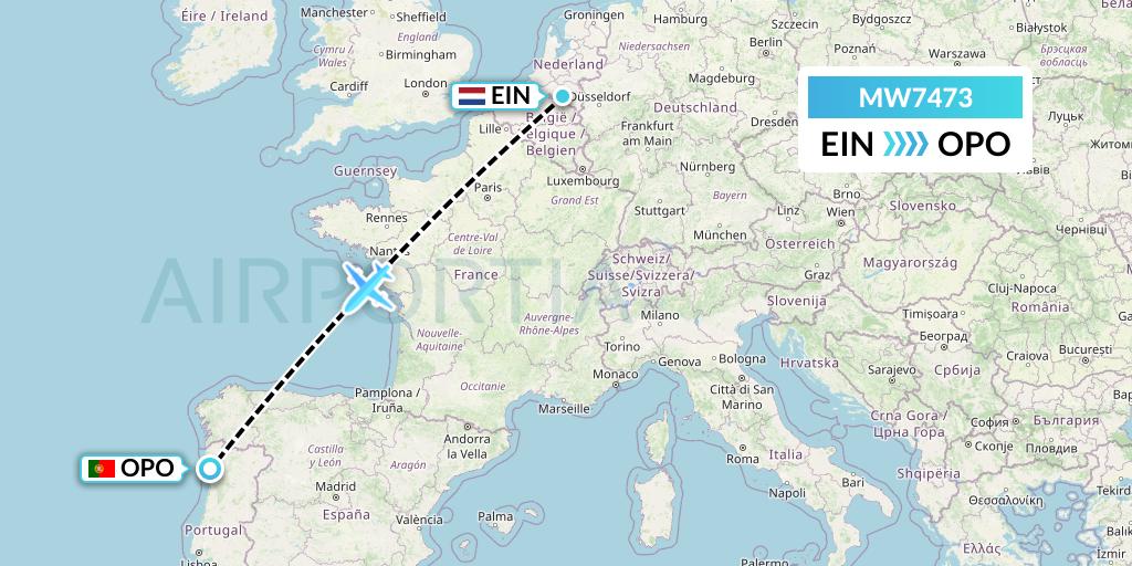 MW7473 Mokulele Flight Service Flight Map: Eindhoven to Porto