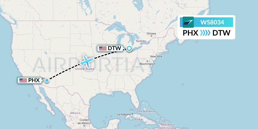 WS8034 WestJet Flight Map: Phoenix to Detroit