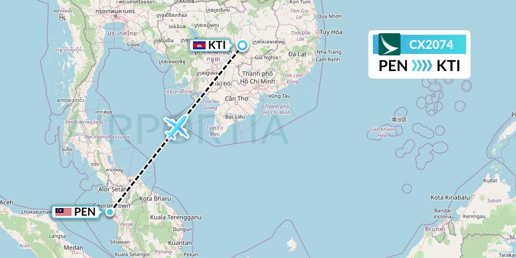 CX2074 Cathay Pacific Flight Map: Penang to Kratie